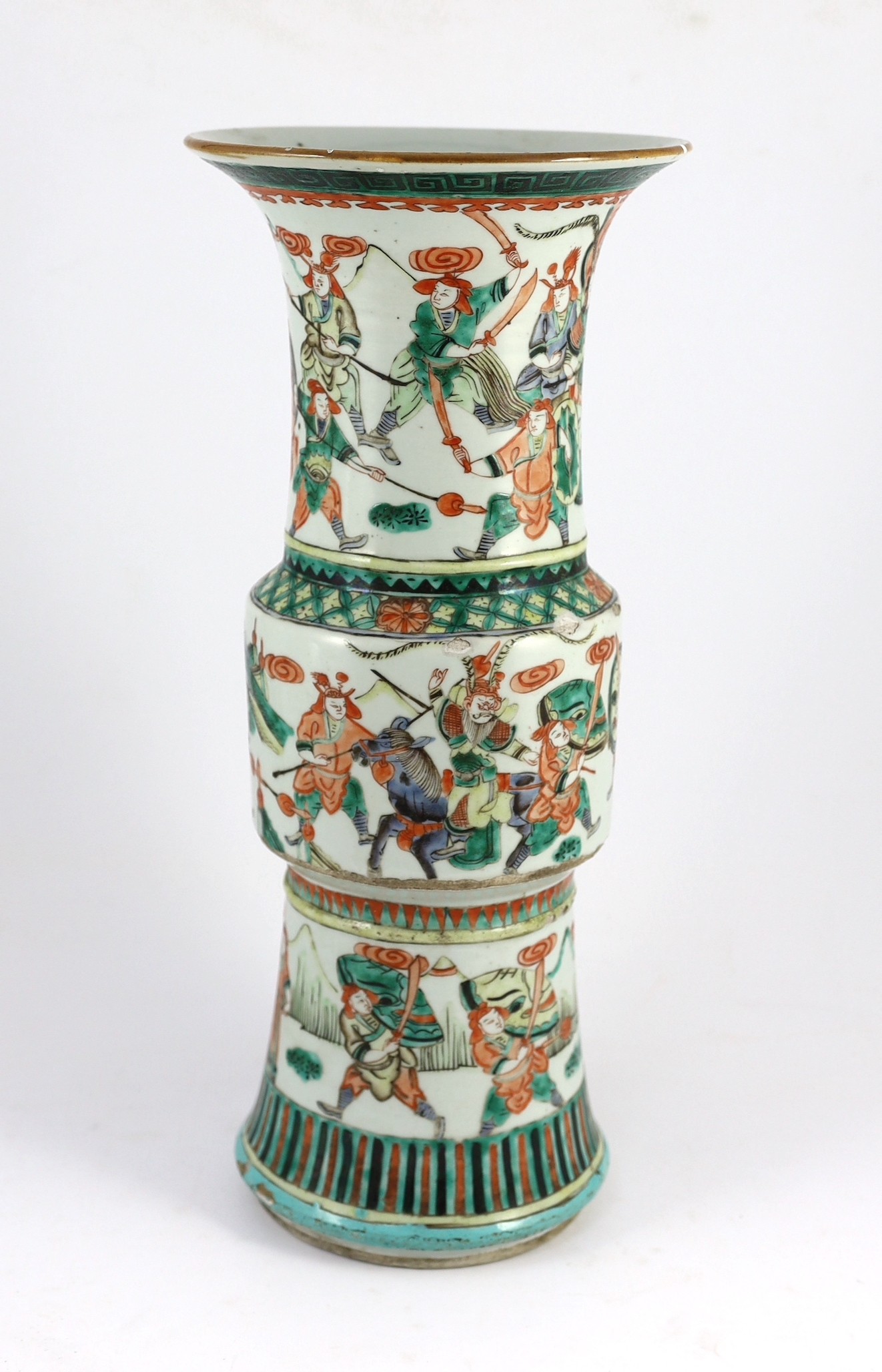 A Chinese famille verte beaker vase, gu, 19th century, 45cm high, glaze losses and damage to base
